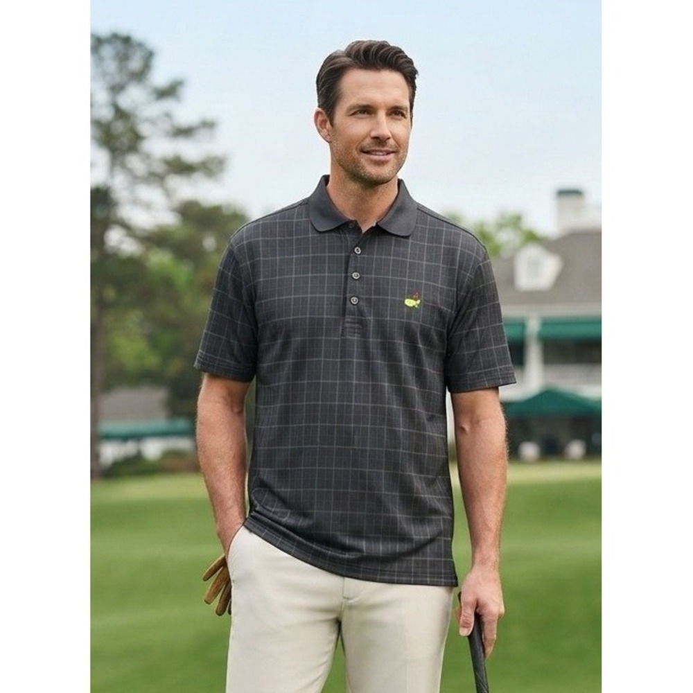 Masters Performance Golf Polo Shirt Men's L Black Grey Windowpane Logo Athletic